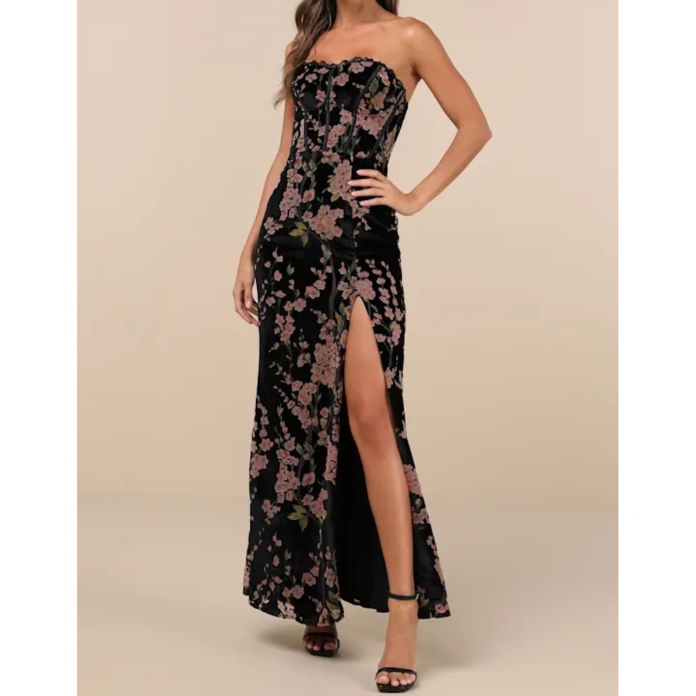 Lulus Luxurious Allure Black Floral Burnout Velvet Strapless Maxi Dress Small NW